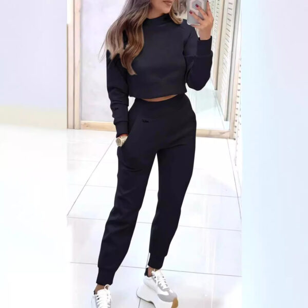 Stand Collar Sports Suit Fashion Pullover Long-sleeves Short Top And Slim Trousers With Pockets Solid Outfits Women's Clothing - Image 3