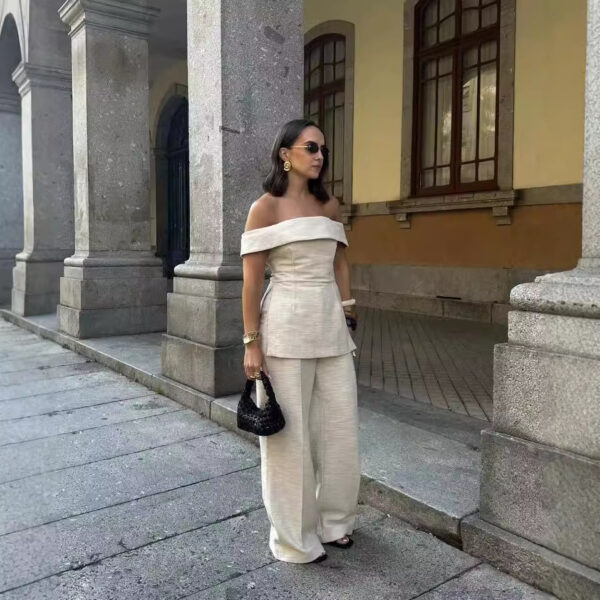 Side Slit Off-the-shoulder Top Wide Leg Pants Suit - Image 6