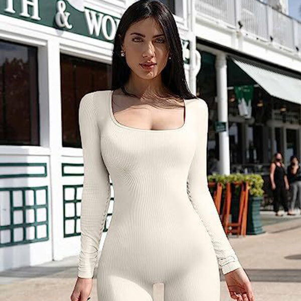 Women's Yoga Sports Fitness Jumpsuit Workout Long Sleeve Square Collar Clothing - Image 9