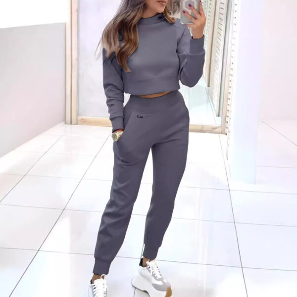 Stand Collar Sports Suit Fashion Pullover Long-sleeves Short Top And Slim Trousers With Pockets Solid Outfits Women's Clothing - Image 5