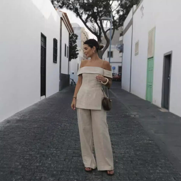 Side Slit Off-the-shoulder Top Wide Leg Pants Suit - Image 5