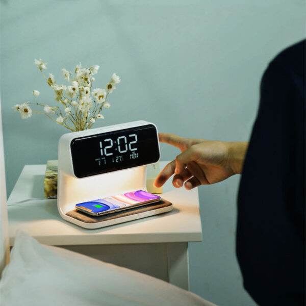 Creative 3 In 1 Bedside Lamp Wireless Charging LCD Screen Alarm Clock  Wireless Phone Charger - Image 3