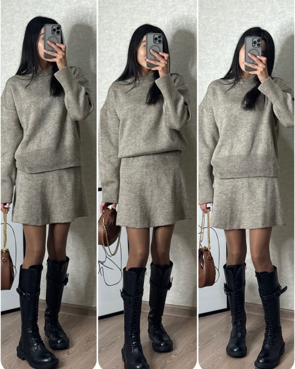 Sweater Skirt Sets For Women 2 Pieces Knit Casual Versatile Long Sleeve Pullover Elegant Solid High Waist Mini Skirt Outfit - Image 2